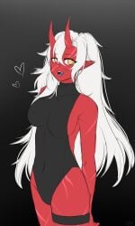 :d akumi artist_name bangs bare_shoulders black_background black_swimsuit breasts cowboy_shot eyebrows_visible_through_hair fangs female grey_background hair_between_eyes heart horns large_breasts leotard long_hair looking_at_viewer oerba_yun_fang oni oni_horns open_mouth pointy_ears ponytail red_skin simple_background skin-covered_horns smile solo standing teeth tongue turtleneck very_long_hair vyugen white_hair yellow_eyes
