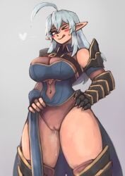 1girls ahoge armor armored_female breasts claws cleavage dripping dripping_pussy female female_focus female_only flirting frostwallart gauntlet geega grey_hair hips indie_virtual_youtuber large_breasts looking_at_viewer pointy_ears pussy pussy_juice pussy_juice_drip pussy_juice_string revealing_clothes seductive see-through see-through_clothing smile solo thick_thighs thighhighs thighs virtual_youtuber vtuber wet wet_pussy wide_hips wink