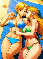 2girls ai_generated bikini blonde_hair blue_bikini breasts elf_ears genderswap_(mtf) green_bikini large_breasts link link_(ocarina_of_time) lying princess_zelda rule_63 short_hair the_legend_of_zelda the_legend_of_zelda:_ocarina_of_time yuri zelda_(ocarina_of_time)