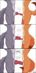 absurd_res animal_genitalia animal_penis anthro big_penis biped bodily_fluids canid canine canine_genitalia canine_penis canis dialogue docking duo erection fox fur genital_fluids genitals grey_body grey_fur grey_tail hi_res huge_cock jarnqk knot male mammal nude orange_body orange_fur orange_tail penile penis precum sex sheath simple_background standing tail tail_between_legs text white_background wolf