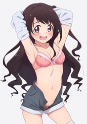 blush bra brown_hair cleavage clothing female hayyan idolmaster long_hair open_mouth pink_bra pubic_hair pussy shimamura_uzuki shorts the_idolm@ster the_idolm@ster_cinderella_girls thighhighs unbuttoned undressing