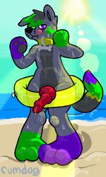 2019 3_toes animal_genitalia animal_penis animate_inanimate anthro beach bodily_fluids canid canine canine_penis canis cum cumdog erection genital_fluids inflatable inner_tube knot living_inflatable looking_at_viewer male mammal nozzle nude outside penis pool_toy rubber seaside smile solo sparky_(cumdog) toes tongue water