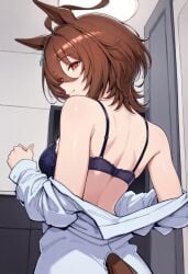 1girls agnes_tachyon_(umamusume) ai_generated brown_eyes brown_hair daichi333 female fringe light-skinned_female looking_at_viewer looking_back medium_hair petite red_eyes removing_clothing removing_shirt seductive_look slim tagme umamusume umamusume_pretty_derby