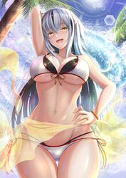 arm_up bangs bikini blue_sky breasts cloud cowboy_shot fate/grand_order fate_(series) female hair_between_eyes hand_on_hip nagao_kagetora_(fate) navel penguintake silver_hair smile solo stomach streaked_hair swimsuit thick_thighs very_long_hair white_bikini yellow_eyes