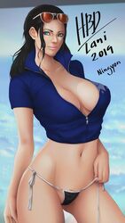 1girls artist_name big_breasts bikini_bottom black_hair blue_eyes breasts clothing female female_only hair long_hair navel nico_robin ningyon one_piece signature solo sunglasses sunglasses_on_head