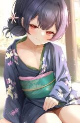 1girls absurdres blue_hair blue_kimono blurry blurry_background blush clothes_lift commentary_request dark_blue_hair fingernails floral_print flower hair_bun hair_flower hair_ornament half-closed_eyes highres idolmaster idolmaster_shiny_colors indoors japanese_clothes kimono kimono_lift lifting_own_clothes looking_at_viewer morino_rinze obi print_kimono red_eyes sash single_hair_bun sky_cappuccino smile solo