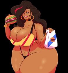 1girls 5_fingers ass belly big_ass big_breasts bimbo black_background bottomless bra bracelet breasts brown_eyes brown_hair choker cleavage dark-skinned_female dark_skin earrings eating eyelashes eyeshadow female female_only food gala gala_(carmessi) hamburger hoop_earrings huge_ass huge_breasts human jewelry large_ass large_breasts looking_away looking_to_the_side nail_polish navel owlizard simple_background smile solo solo_female standing thick_thighs thong wide_hips