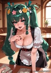 2025 ai_generated anime apron bangs black_nails braid braided_hair breasts cleavage collarbone crossover dirndl dress eye_contact female female_focus flower german_clothes green_eyes green_hair hair_accessory hair_flower hair_ornament hair_ribbon hand_on_own_chest head_wreath highres holding_money hoyoverse huge_breasts indoors inside large_breasts leaning_forward long_hair looking_at_viewer mihoyo moaning money nail_polish nsfw open_mouth patreon patreon_username plant potted_plant pov prostitution puffy_short_sleeves qingyi_(zenless_zone_zero) rognezart short_sleeves smile smiling solo solo_focus table twin_braids twintails very_long_hair waist_apron wreath zenless_zone_zero