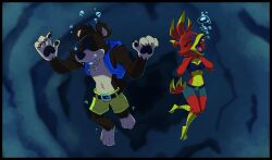 4_fingers air_bubble anthro asphyxiation avian backpack banjo-kazooie banjo_(banjo-kazooie) bear belt belt_buckle blue_backpack blue_clothing blue_topwear bottomwear breasts breegull brown_body brown_fur buckle cleavage closed_eyes clothed clothed_anthro clothed_female clothed_male clothing countershade_feet countershade_hands countershade_torso countershading cyanosis darkneon-64 death digital_drawing_(artwork) digital_media_(artwork) drowning duo english_description feathers feet female fingers fully_submerged fur hand_on_throat head_tuft kazooie male mammal multicolored_body multicolored_feathers non-mammal_breasts open_mouth pawpads rareware red_body red_feathers shorts taking_in_water talons toes topless topless_male topwear tuft two_tone_body two_tone_feathers underwater water yellow_body yellow_bottomwear yellow_clothing yellow_feathers yellow_shorts