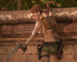 1girls 3d action_pose back back_view backpack bag big_lips blood boots braid braided_hair brown_eyes brown_hair desert_eagle dirty fingerless_gloves firearm gun handgun human lara_croft lara_croft_(classic) pistol ripped_clothing ripped_shirt scar scratches short_shorts tank_top thick_lips thigh_holster tomb_raider tombraider4ever weapon