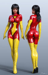 1girls 3d apple_butt ass avengers back_view bangs big_breasts bimbo black_hair blue_eyes bodysuit boots breasts busty curvaceous curvy dat_ass erect_nipples erect_nipples_under_clothes eyeshadow female female_only from_behind front_view gloves high_heel_boots human jessica_drew large_breasts leather_boots lipstick long_hair makeup marvel marvel_comics mascara nipple_bulge nipples pinup red_bodysuit red_lips red_lipstick signature solo spider-man_(series) spider-woman superheroine thigh_boots thigh_high_boots thighhigh_boots thighhighs thighs tiangtam tiptoes voluptuous yellow_gloves yellow_thighhighs