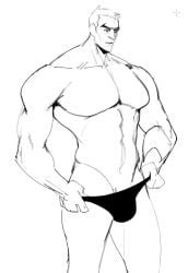 balls bara big_penis bulge flaccid male male_only monochrome muscles muscular overwatch penis scruffley sigma_(overwatch) solo solo_male