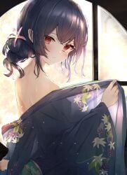 1girls :o absurdres blue_hair blush breasts commentary dark_blue_hair floral_print hair_bun highres idolmaster idolmaster_shiny_colors indoors japanese_clothes kimono kimono_hold kimono_pull looking_at_viewer looking_back median_furrow morino_rinze red_eyes see-through_clothes see-through_kimono see-through_silhouette single_side_bun sky_cappuccino small_breasts solo wet wet_hair