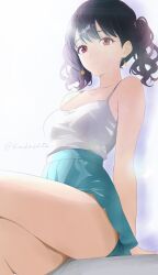 1girls absurdres aqua_skirt arm_support ass bare_legs black_hair breasts camisole cleavage collarbone commentary_request fukumaru_koito highres idolmaster idolmaster_shiny_colors koukashita looking_ahead pleated_skirt purple_eyes shirt_tucked_in sitting skirt small_breasts solo twintails twitter_username white_camisole
