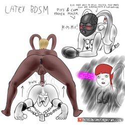 1:1 anus backsack balls big_dom_small_sub breast_pumps chains clothing corney girly handwear hypnosis male male/male mask mind_control mittens penis rubber sissification size_difference sketch small_penis text