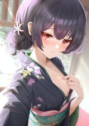 1girls absurdres black_hair black_kimono blurry blurry_background blush breasts commentary_request floral_print hair_bun highres idolmaster idolmaster_shiny_colors indoors japanese_clothes kimono light_smile looking_at_viewer morino_rinze no_bra obi red_eyes sash single_side_bun sky_cappuccino small_breasts solo upper_body