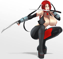 absurdres big_breasts bloodrayne breasts female highres huge_breasts nipple_slip nipples no_bra rayne red_hair solo tonfa tongue_out weapon zetarok