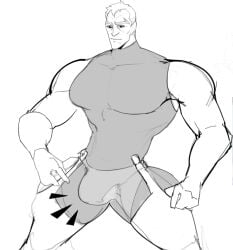 balls bara big_penis bulge flaccid male male_only monochrome muscles muscular overwatch penis scruffley sigma_(overwatch) solo solo_male