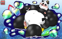 2019 anthro belly black_fur blush bodily_fluids clothing cum cum_on_penis erection fur gantogan1216 genital_fluids giant_panda hat headgear headwear humanoid_hands humanoid_penis japanese_text male male_only mammal moobs nipples overweight overweight_male penis solo swimwear text ursid water white_fur