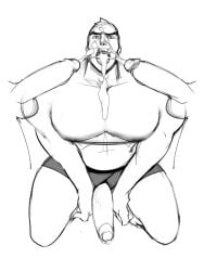 balls bara big_penis boner cum cum_on_face erection gay male male_only monochrome muscles muscular on_knees overwatch penis penis_out scruffley sigma_(overwatch)
