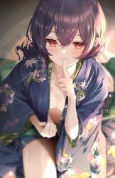 1girls absurdres bed blurry blurry_background blush breasts closed_mouth collarbone commentary downblouse extended_downblouse finger_to_mouth hair_between_eyes hair_ornament highres idolmaster idolmaster_shiny_colors japanese_clothes kimono looking_at_viewer medium_hair morino_rinze navel red_eyes sky_cappuccino small_breasts undressing yukata