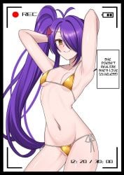 1girls ahoge armpits arms_behind_head arms_up bare_armpits bare_thighs bell bikini clueless english_text exposed_torso golden_bikini hair_covering_eye hair_over_one_eye hairclip hi_res highres light_blush livestream looking_at_camera lucy_(xanadu_avici) navel oc one_eye_covered original_character pose posing purple_hair showing_armpits showing_off side_ponytail small_breasts solo solo_female solo_focus swimsuit swimwear text thighs tummy xanadu_avici xanaduavici yellow_eyes