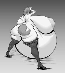 arknights gigantic_ass gigantic_belly gigantic_breasts greyscale heels huge_areolae huge_nipples hyper_ass hyper_breasts hyper_pregnancy monochrome mostly_nude paid_reward_available parttimetoast penance_(arknights) pregnant thick_thighs thighhighs wide_hips