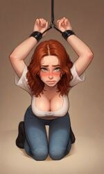 1girls ai_generated arms_up bondage bound_wrists breasts cleavage large red_hair redhead_female sad solo waiting_for_turn