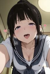 after_kiss ai_generated black_hair breasts busty chitanda_eru cleavage female half-closed_eyes human hyouka large_breasts light-skinned_female light_skin long_hair looking_at_viewer open_mouth ponytail purple_eyes saliva saliva_string school_uniform schoolgirl seductive_look young