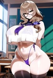 ai_generated arms_behind_back ass ass_focus bare_arms big_ass big_breasts big_butt big_thighs bikini brown_hair clothing crop_top_overhang curvy curvy_female curvy_figure dijiai female female_only focus from_front_position front_view genshin_impact glasses green_eyes highleg horny horny_female hourglass_figure indoors light_blush lisa_(genshin_impact) looking_at_viewer mommy pussy round_ass round_butt school school_uniform schoolgirl seductive seductive_look thiccwithaq_(ai_style) thick thick_ass thick_butt thick_legs thick_thighs thigh_highs thighhighs thighs underboob wide_hips