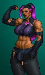 1futa abs black_hair bulge bulge_through_clothing dark-skinned_futanari dark_skin earrings flexing futa_only futanari muscular muscular_arms muscular_futanari package pants_down penis_outline ponytail purple_eyes purple_hair solo solo_futa two_tone_hair venusboyart