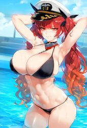 1girls ai_generated azur_lane big_breasts breasts female female_focus honolulu_(azur_lane) huge_breasts large_breasts light-skinned_female long_hair navel red_eyes red_hair thick_thighs thighs twintails