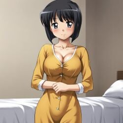 ai_generated bangs bed bed_sheet bedroom black_eyes black_hair blush bob_cut breasts clavicle cleavage closed_mouth clothing dress eyebrows_visible_through_hair female female_only indoors large_breasts long_sleeves looking_at_viewer maid medium_breasts medium_hair pajamas pillow shiny siesta siesta_(zero_no_tsukaima) smile solo teen teen_girl teenage teenage_girl teenager zero_no_tsukaima