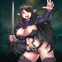 1girls big_breasts black_hair breasts cleavage elara_(vtuber) elf elf_ears elf_female elf_girl holding_sword holding_weapon huge_breasts indie_virtual_youtuber one_eye_closed piercing piercings pointy_ears purple_eyes smile sword thighs virtual_youtuber vtuber