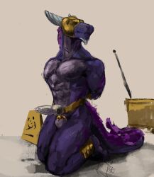 absurd_res anthro blindfold bondage bound chastity_cage chastity_device dragon hands_behind_back hi_res kneeling male muscular mythological_creature mythological_scalie mythology scalie solo strapon strapon_over_chastity submissive submissive_male vekyn