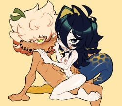 after_kiss black_hair cartoony chibi_style couple_sex cowgirl_position crayonvt fish_girl flat_chest nude_female nude_male oranch(character) petite_body silly spittle