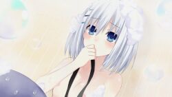 black_ribbon blue_eyes blush blushing breasts date_a_live hair itsuka_shido japanese_female light-skinned_female light_skin naked naked_female naked_male nipples sexual_game short_hair shower showering showering_together small_breasts tobiichi_origami white