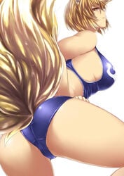 1girls animal_ears animal_tail ass bent_over big_ass blonde_hair competition_swimsuit female female_focus female_only fox fox_ears fox_tail hand_on_hip highres kemonomimi leotard looking_at_viewer one-piece_swimsuit presenting presenting_ass presenting_hindquarters ran_yakumo short_hair simple_background sole_female solo solo_female solo_focus swimsuit tail thighs tobisawa touhou white_background yellow_eyes