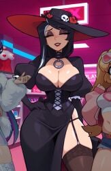 big_breasts black_dress black_gloves black_hair black_hat breasts cleavage closed_eyes corset dress female garter_belt garter_straps gloves hand_on_hip happy hat hourglass_figure hourglass_figured_female lanie lustration_artist lustration_team neckwear pale-skinned_female pale_skin skull skull_ornament smile smiley_face stockings thicc thick thick_thighs
