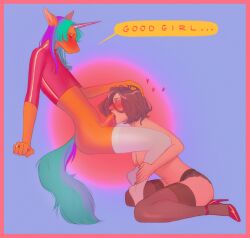 1boy 1girls 2020s 2021 2d 5_fingers abstract_background anthro anthro_on_human ball_gag big_breasts blowjob blush bodily_fluids breasts clothing dripping ears_back equid equine erection fellatio female femboy femboy_on_female feminine_male fetilcorias fingers footwear gag genital_fluids genitals good_girl hi_res high_heels hooves horn human interspecies kneeling lace_panties legwear luckywhore_(velvetlamb) male male/female mammal mythological_creature mythological_equine mythology nipples on_knees oral oral_sex orange_body original pivoted_ears precum precum_drip sex shoes speech_bubble stockings straight thigh_highs unicorn velvetlamb