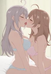 ai_generated alisa_mikhailovna_kujou blush breast_press brown_hair cleavage closed_eyes drooling incest kissing large_breasts lingerie maria_mikhailovna_kujou on_knees saliva sisters tokidoki_bosotto_russian_de_dereru_tonari_no_alya-san tongue tongue_kiss white_hair yuri yuri