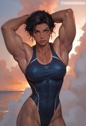 ai_generated armpits arms_behind_head athletic_female beach masomelon muscular_female one-piece_swimsuit short_hair sunset sweaty sweaty_armpits swimsuit tomboy