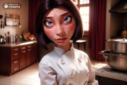 1girls ai_generated black_hair blue_eyes blurry blush brown_hair buttons chef colette_tatou curtains disney double-breasted freckles hi_res indoors kitchen lips looking_at_viewer mole mole_under_eye parted_lips pixar r34arts ratatouille short_hair solo stove upper_body window