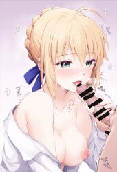 1boy ahoge artoria_pendragon_(fate) blonde_hair blush braid breasts censored chacharan collarbone erection fate/stay_night fate_(series) fellatio female green_eyes hair_ribbon handjob highres imminent_fellatio long_hair long_sleeves medium_breasts nipples off_shoulder open_clothes open_mouth oral penis ribbon shirt smile straight tongue white_shirt