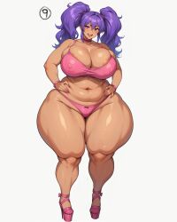 ai_generated hands_on_hips high_heels huge_ass large_breasts ponderousorbs purple_hair tagme tan_body thick_thighs white_background wide_hips