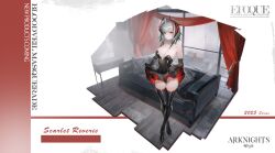 ai_assisted ai_generated arknights black_leotard black_panties breasts cleavage copyright_name full_body high_heels indoors innerboob leotard looking_at_viewer medium_breasts miniskirt muchdoge panties smile strapless_leotard thigh_boots thighs underwear white_background