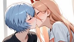 2girls ai_generated ayanami_rei blonde_hair blue_hair blush chainsaw_man closed_eyes clothed clothing collarbone cute eyebrows_visible_through_hair female female_only french_kiss french_kissing girls_kissing horns intimate kissing lesbian_kiss light_skin long_hair making_out multiple_girls neon_genesis_evangelion power_(chainsaw_man) rei_ayanami self_upload short_hair straight sweat yuri