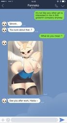 2019 aggressive_retsuko anthro bedroom_eyes big_breasts blush bodily_fluids bottomwear breasts canid canine clothed clothing digital_media_(artwork) english_text female fennec fenneko flashing fox fur genital_fluids half-closed_eyes highres legwear mammal nipples office_lady pussy_juice sanrio seductive selfie skirt smile smooth_skin solo sweat teasing text texting whisperingfornothing