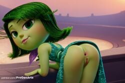 , 1girls ai_generated anus artist_name ass bare_shoulders bent_over blue_dress cleft_of_venus closed_mouth clothes_lift colored_skin disgust_(inside_out) disney dress dress_lift from_behind green_dress green_eyes green_hair green_skin hi_res inside_out inside_out_2 loli looking_at_viewer looking_back medium_hair no_panties outdoors patreon_username pixar presenting progenarts pussy short_hair sleeveless sleeveless_dress smile solo tongue tongue_out uncensored watermark web_address