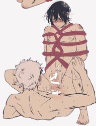 2boys anal anal_sex arms_behind_back bar_censor bite_mark bite_marks black_hair blush bondage bondage completely_nude cowgirl_position emaru_maru erection gay gintama gintoki_sakata male male_only nude penis rope rope_bondage rope_harness sweat takasugi_shinsuke white_hair yaoi